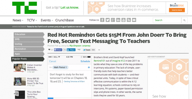 Remind101 featured in TechCrunch